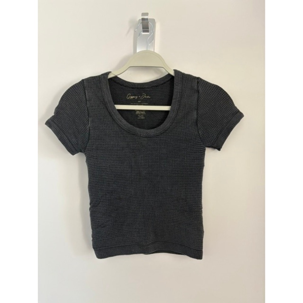 Gypsy + Jade Charcoal Grey Waffle‎ Knit Scoop Neck Short Sleeve Crop Top XS S